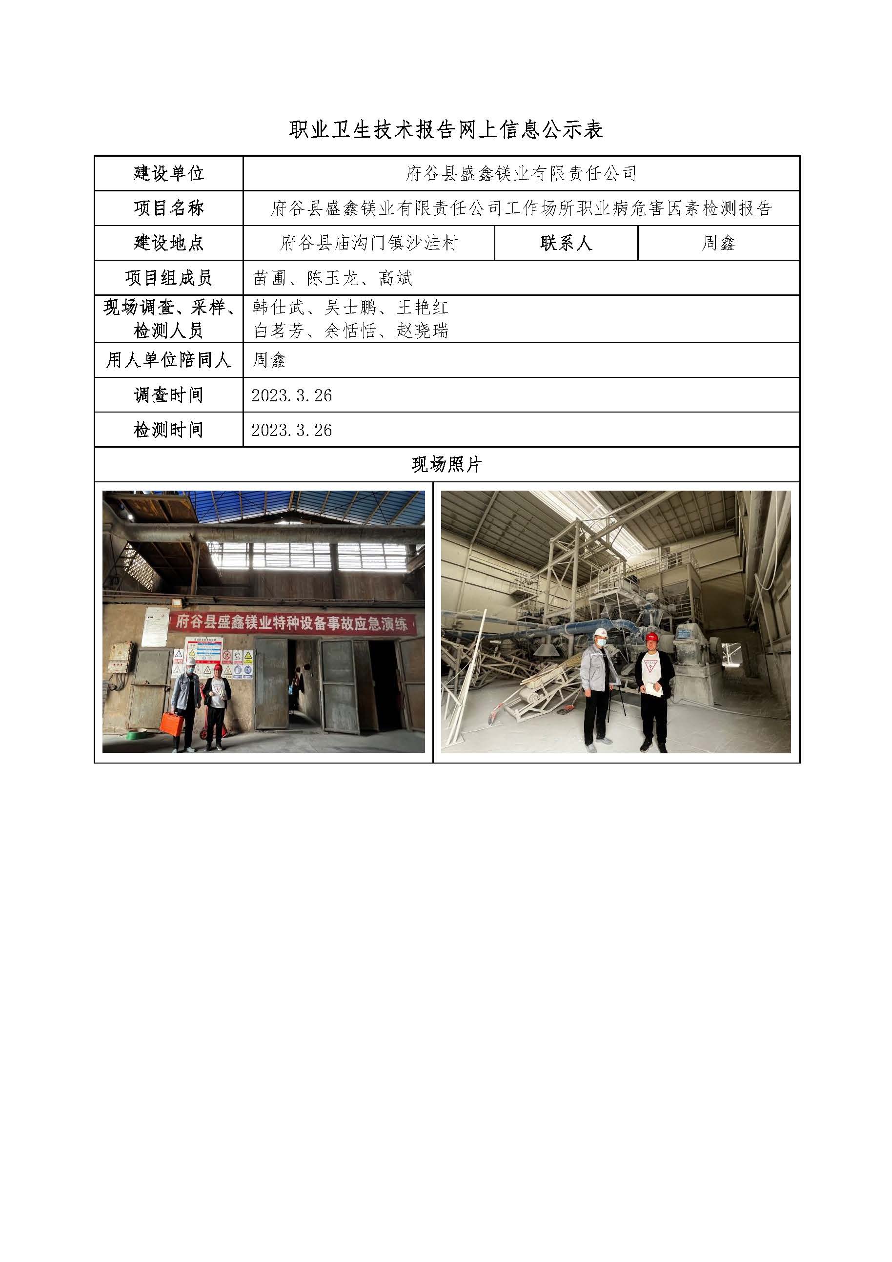 府谷縣盛鑫鎂業(yè)有限責(zé)任公司工作場所職業(yè)病危害因素檢測報告