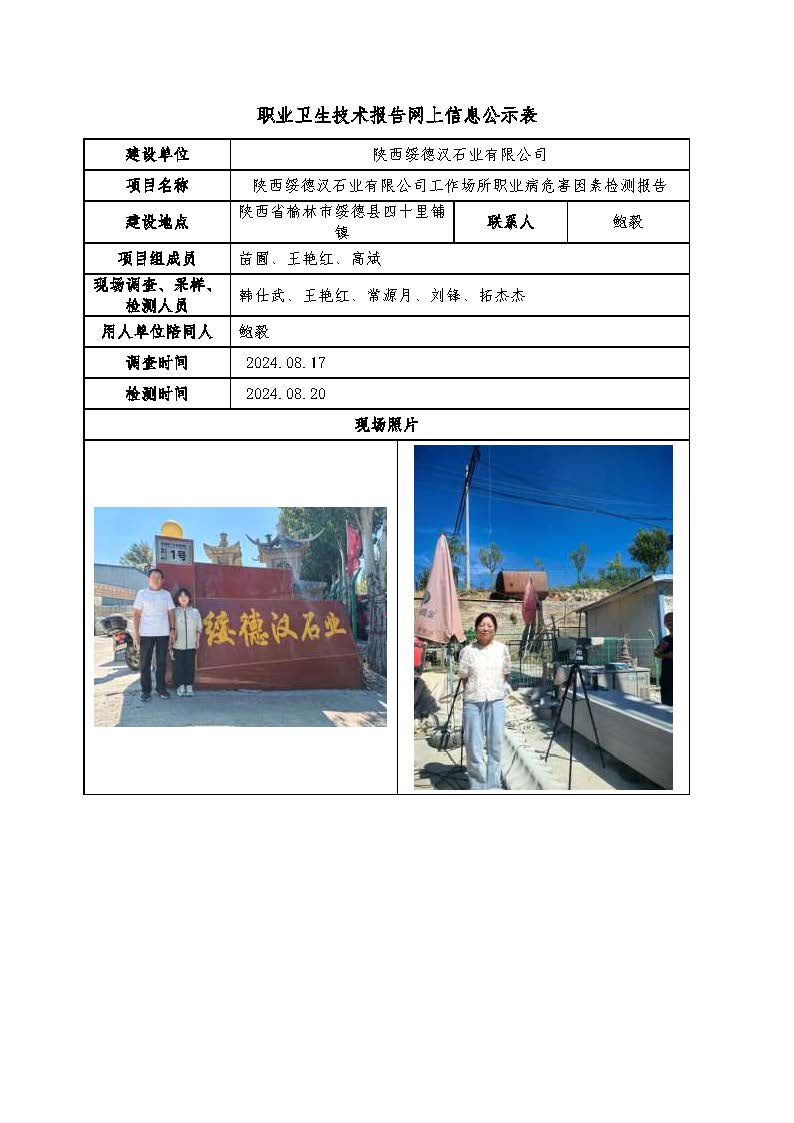 陜西綏德漢石業(yè)有限公司工作場所職業(yè)病危害因素檢